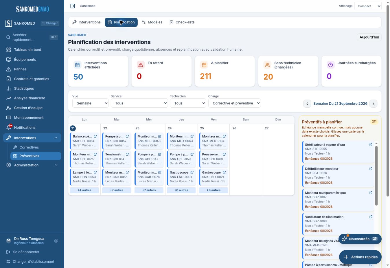 Vue complète du calendrier de maintenance Sankomed-GMAO, avec menu et barre supérieure